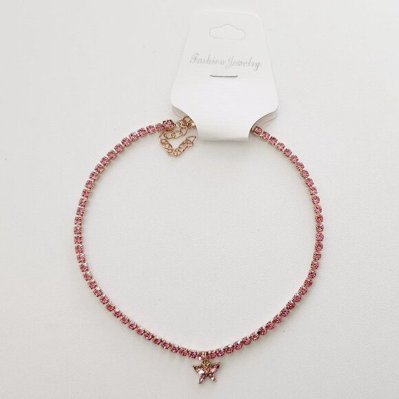 Pink Gold Butterfly Rhinestone Crystal Choker Necklace - Picture 4 of 4